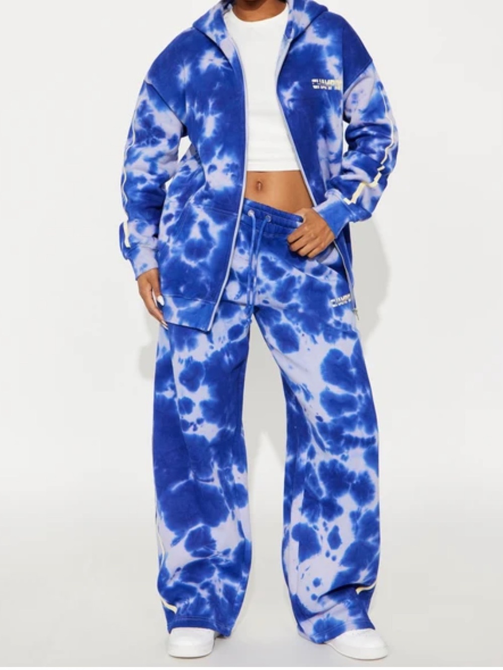 Fashion Nova Oversized Blue&White Tie-Dye Wide Leg Fleece Hoodie Pant set